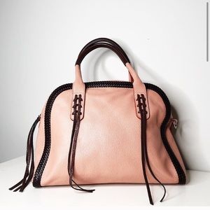 Claudia Firenze Pink Blush Leather Satchel Bag: blush pink with chocolate piping